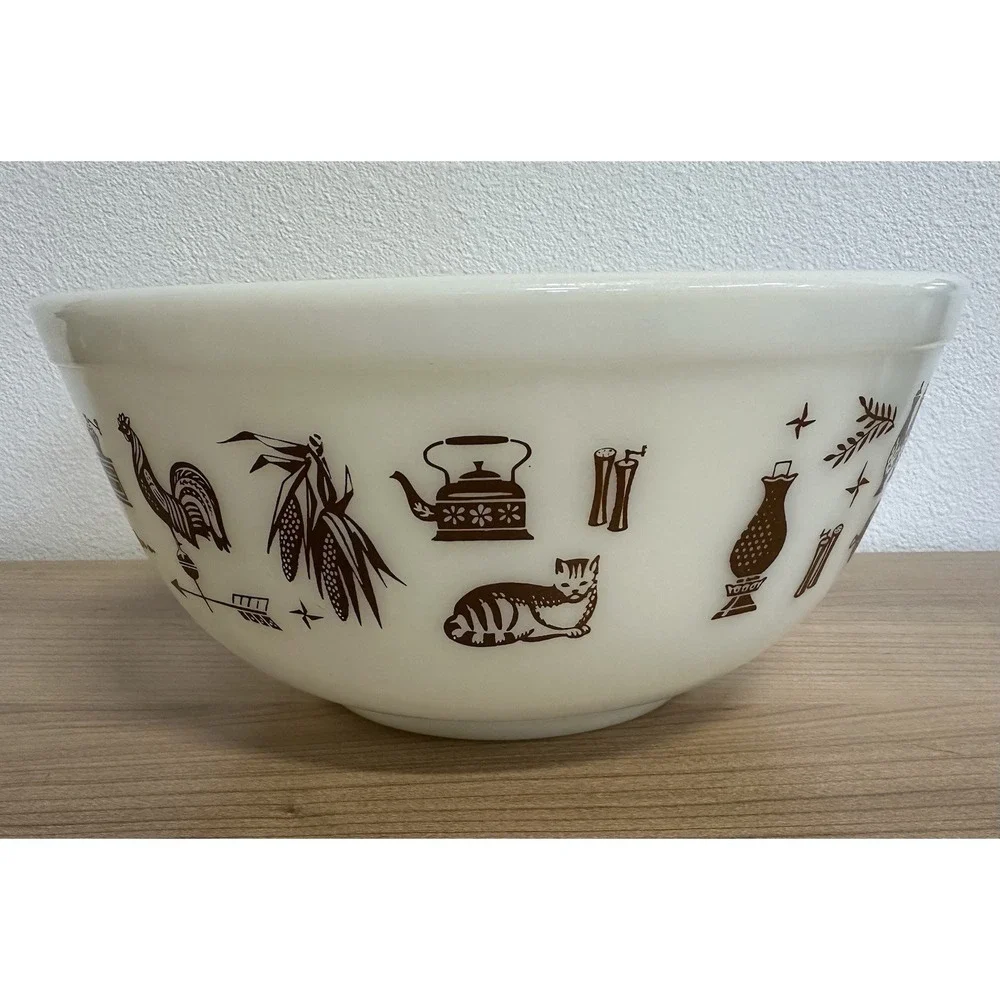Vintage Pyrex 403 2 1/2 Qt Mixing Bowl Early American Brown Cat Chicken